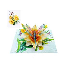 Thiệp 3D Chuồn Chuồn & Hoa Thủy Tiên Vàng – Thiệp Pop Up Nghệ Thuật, Độc Đáo, Sang Trọng, F51