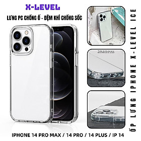 Ốp lưng giảm sốc chống va đập chống ố vàng cho Iphone 14 / 14 Pro / 14 Plus / 14 Pro Max hiệu X-level ICE Crystal trang bị đệm khí ẩn bốn góc, Mặt lưng PC chống ố vàng - Hàng chính hãng