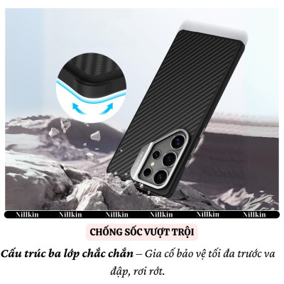 Ốp lưng Carbon Sợi Aramid từ tình chống sốc cho Samsung Galaxy S25 Ultra hiệu Nillkin Aramid Fiber Magnetic - Viền TPU chống va đập, chống bám bẩn, sạc không dây - Hàng nhập khẩu