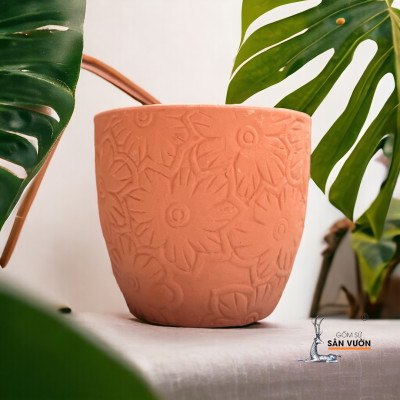 Chậu Gốm Đất Nung Vân Hoa Cúc D13cm X H10cm