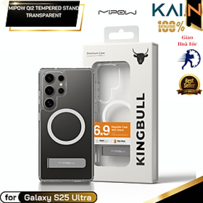 Ốp lưng sạc từ tính chân chống Samsung Galaxy S25 Ultra/ S25 Plus, Mipow Qi2 Tempered Stand Transparent (Bayer Germany)_ Hàng Chính Hãng