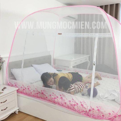 Màn Chụp , Mùng Chụp Tự Bung Cao Cấp Mộc Miên Đỉnh Rộng - Hoạ Tiết Hoa Lá Trắng Viền Hồng ( Hà Nội )