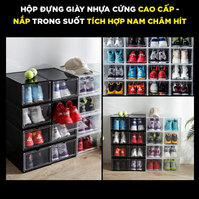 COMBO 2 HỘP ĐỰNG GIÀY CAO CẤP SNEAKER THỂ THAO NHỰA CỨNG NẮP TRONG SUỐT CỬA TÍCH HỢP NAM CHÂM HÍT VÀ CỬA GÀI (MÀU ĐEN/ MÀU TRẮNG TRONG)