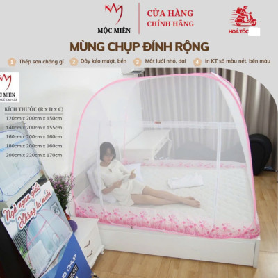 Màn Chụp Cao Cấp Mộc Miên Đỉnh Rộng Kích Thước 1,6mx2m - Trắng Viền Hồng ( Hà Nội )