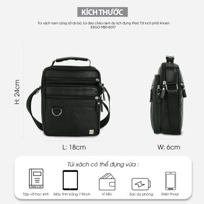 Túi xách công sở nam da thật cao cấp, túi đeo chéo nam đựng IPAD 7.9 inch phối khoen thanh lịch IDIGO MB1 - 6017