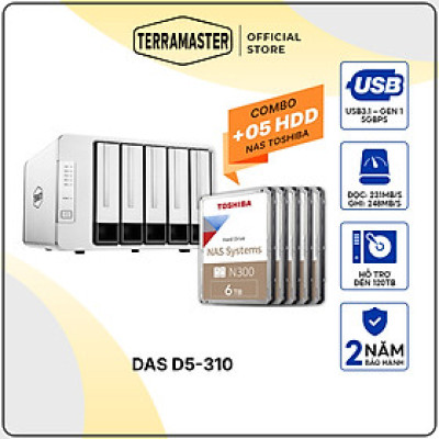 Combo bộ thiết bị lưu trữ DAS TerraMaster D5-310 5-bay kèm 1 ổ cứng NAS Toshiba N300 3.5inch hoạt động 24/7