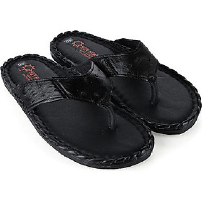 Dép nam da đà điểu Huy Hoàng da hột đan màu đen HT7417