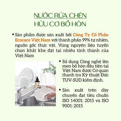 Nước rửa chén hữu cơ Bồ hòn Ecocare tinh dầu Chanh Gừng 4000ml