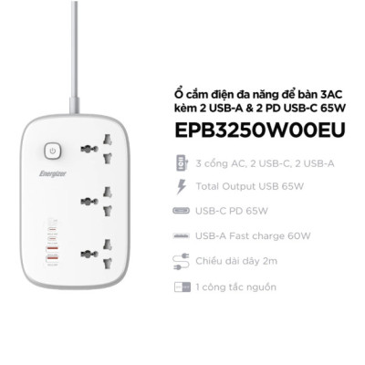 [ Hàng Chính Hãng ] Ổ điện đa năng Energizer 3AC  kèm cổng USB tích hợp Wifi sạc PD 65W chịu tải 3250W