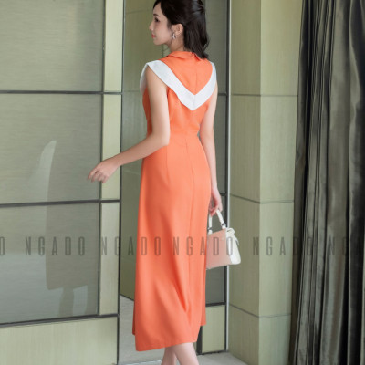 Đầm cam cổ sen phối trắng NGADO, đầm dự tiệc , đầm dạo phố