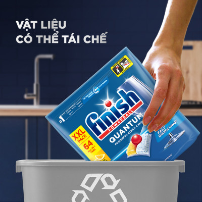 Túi 64 Viên Rửa Chén Bát Finish Powerball Quantum 12x sức mạnh, túi lớn siêu tiết kiệm