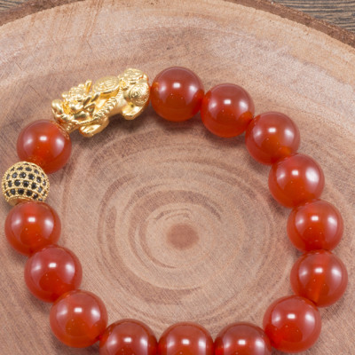 Vòng Tay Nam Đá Mã Não Đỏ Phối  Tỳ Hưu Bạc Mạ Vàng 24K Ngọc Quý Gemstones