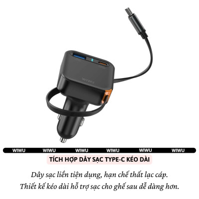 Tẩu củ sạc nhanh PD 65W cho xe hơi ô tô PD3.0 Type-C + 1 USB-A QC3.0 kèm dây sạc rút Type-C 66cm hiệu WIWU Helix cho iphone 17 16 15 iPad pro air Gen Vivo Oppo samsung Macbook - Trang bị chip Ai điều chỉnh dòng, Chống cháy, hợp kim nhôm - Hàng nhập khẩu