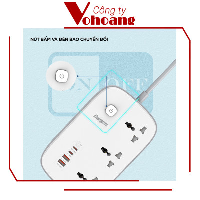 [Mỹ] Ổ cắm điện Energizer đa năng 3AC kèm 2USB-A và 2USB-C sạc nhanh PD (max PD 65W) - Energizer EPB3250W00EU