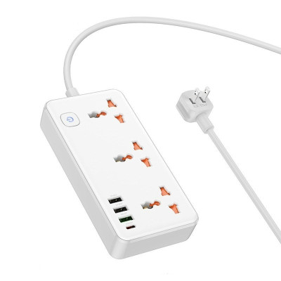 Ổ cắm điện đa năng sạc nhanh PD 30W cổng typeC + QC18W có 3 cổng USB và 1 cổng Type-C có 3 lỗ cắm tải 2500W dây dài 1.5m - Hàng nhập khẩu