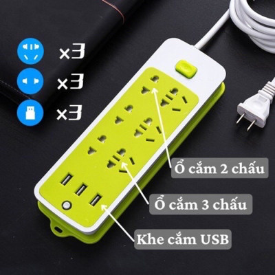 Phụ kiện tiện ích -Ổ cắm điện đa năng chống giật ,có 9 ổ cắm và 3 cổng sạc USB ,tự động ngắt khi quá tải ,sử dụng cho nhiều thiết bị cùng 1 lúc ,có lỗ treo tiện lợi