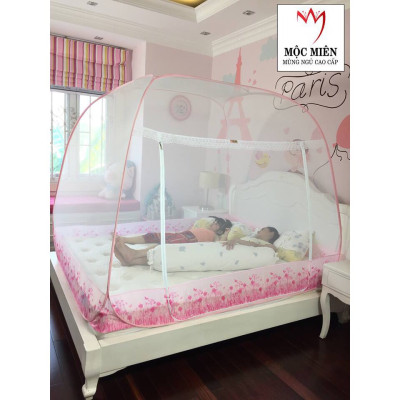Màn Chụp , Mùng Chụp Cao Cấp Mộc Miên Đỉnh Động - Kích Thước 2,2mx2m - Hoạ tiết Hoa Lá Trắng Viền Hồng ( Hà Nội )