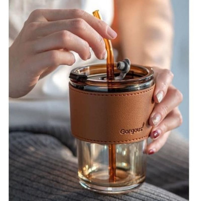 Cốc Ly Thuỷ Tinh/ Inox Bọc Da GORGOUS Có Nắp Đậy Và Ống Hút Bọc Da Chống Nóng Sang Chảnh Dày Đẹp
