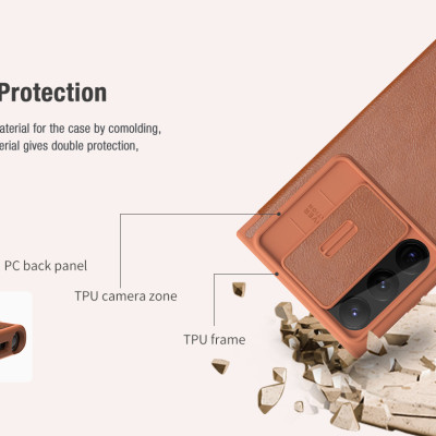 Bao da chống sốc cho Samsung Galaxy S23 Ultra hiệu Nillkin Qin Pro trang bị nắp bảo vệ Camera (Chất liệu da cao cấp, có ngăn đựng thẻ, mặt da siêu mềm mịn) - hàng nhập khẩu