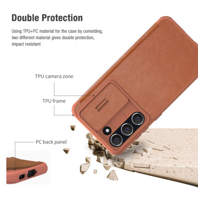 Case bao da chống sốc cho Samsung Galaxy S23 Plus / Galaxy S23+ trang bị nắp bảo vệ Camera hiệu Nillkin Qin Pro trang bị 2 ngăn đựng thẻ ATM Name Card, chất liệu da cao cấp, thiết kế thời trang cá tính - Hàng nhập khẩu
