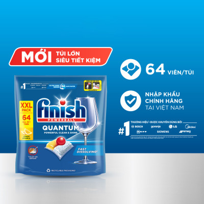 Túi 64 Viên Rửa Chén Bát Finish Powerball Quantum 12x sức mạnh, túi lớn siêu tiết kiệm