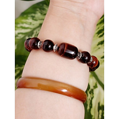 Vòng tay đá mắt hổ nâu đỏ thiên nhiên mix lu thống và hạt charm may mắn