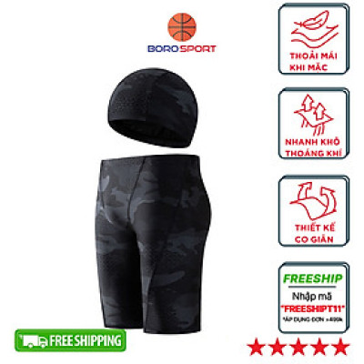Quần bơi lửng boxer dài cho nam Cleacco màu đen Camo , chất vải Poly co giãn 4 chiều , thoáng khí , thoát nước nhanh BORO SPORT - Tặng nón bơi vải