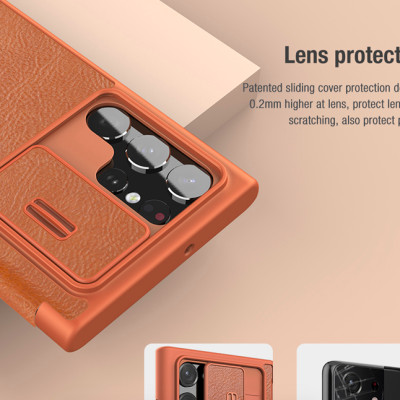 Bao da chống sốc cho dành cho Samsung Galaxy S22/ S22 Plus/ S22 Ultra hiệu Nillkin Qin Pro trang bị nắp bảo vệ Camera (Chất liệu da cao cấp, có ngăn đựng thẻ, mặt da siêu mềm mịn) - hàng nhập khẩu