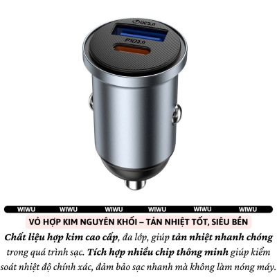 Tẩu củ sạc nhanh 35W cho xe hơi ô tô PD3.0 Type- C + USB-A QC3.0 hiệu WIWU Nano Lite cho iphone 17 16 15 14 13 12 iPad Vivo Oppo samsung cho Macbook - hàng nhập khẩu