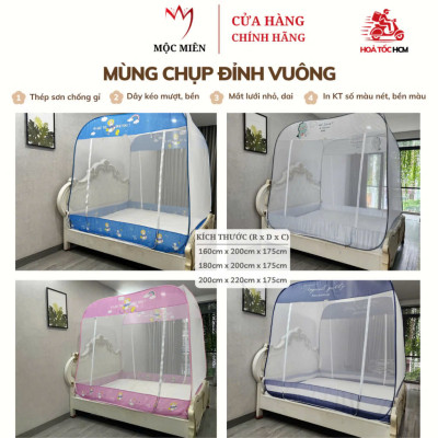 Màn Chụp Tự Bung Đỉnh Vuông Cao Cấp Mộc Miên - Màu Trắng Viền Xanh ( Hình thật )