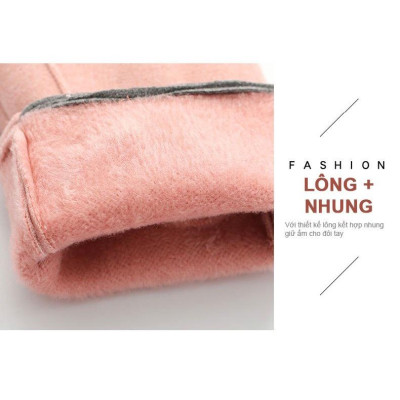 Găng tay nữ cảm ứng ngón tay vải nỉ lót lông ấm mùa đông họa tiết nơ dễ thương - gang tay nu