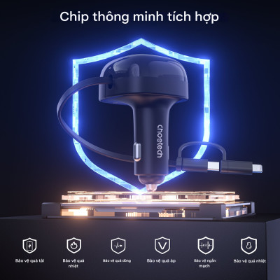 Tẩu sạc ô tô 75W Choetech TC0036 tích hợp cáp sạc rút Type C kèm đầu nối iP (Hàng chính hãng)