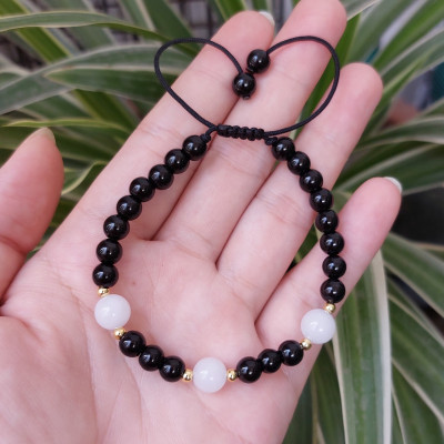 Vòng tay Nữ phong thủy đá đa sắc mix bi bạc tròn hút Tài Lộc Duyên kết dây cotton thủ công