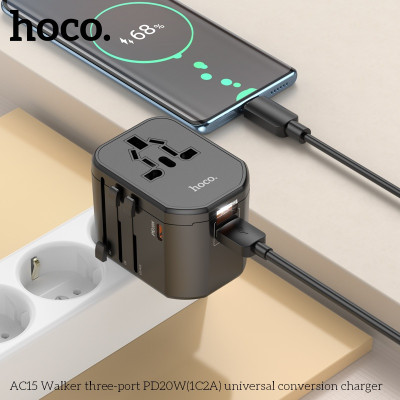 Ổ cắm du lịch nhật bản, quốc tế, đa năng sạc nhanh 20W có 1 ổ cắm + 2 cổng USB + 1 cổng typeC, 4 chân cắm US - UK - EU - AUS AC15 - Hàng chính hãng