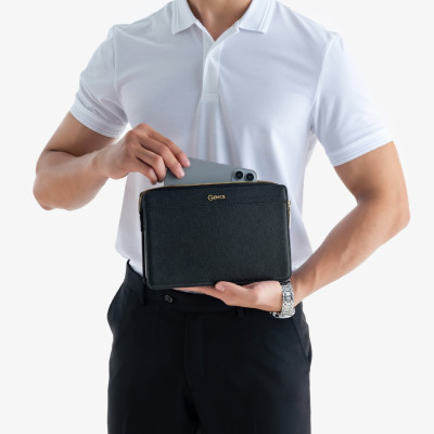 Clutch Da Hàng Hiệu Ví Nam Cầm Tay Công Sở GENCE HT11 Da Bò Cao Cấp Màu Đen