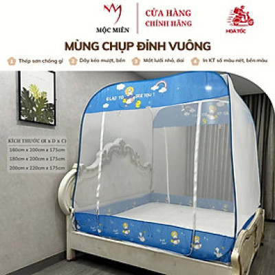 Màn Chụp , Mùng Chụp Cao Cấp Mộc Miên Đỉnh Vuông - Kích Thước 1,8mx2m ( Trắng Viền Xanh )