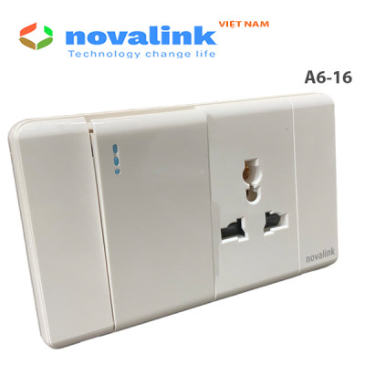 Mặt công tắc đèn 1 chiều kèm ổ điện 3 chấu cắm đa năng âm tường A6-16 Novalink chính hãng