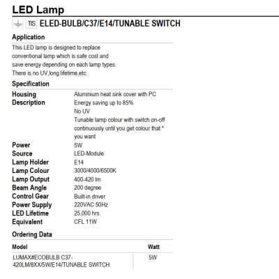 BÓNG ĐÈN LUMAX#ECOBULB C37-420LM/8XX/6W/E14/TUNABLE SWITCH
