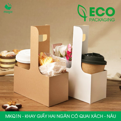 MKQ1N - 17.5x8x9 cm - Combo 20 Khay giấy 2 ngăn quai xách màu nâu siêu chắc, hộp giấy 2 ngăn chống thấm đựng ly nước, hoa và quà tặng