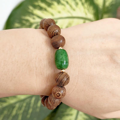 Vòng tay phong thủy hạt gỗ tròn mix 1 hạt đá thiên nhiên và bi bạc kết dây thủ công