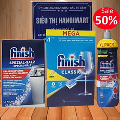 Combo rửa bát Finish: Hộp Classic 110 viên, Nước làm  bóng chai 400ml, Muối hộp 1,5kg - Chính hãng.
