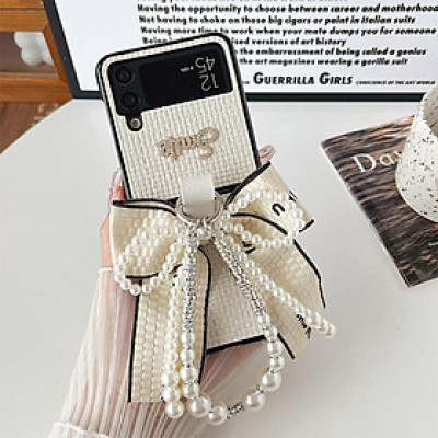 Ốp Lưng Cho Samsung Galaxy Z FLip 6 / Z Flip 5 / Z Flip 4 Smile Đính Đá Nơ To Bản Kèm Dây Ngọc Trai Cầm Tay Xinh Xắn