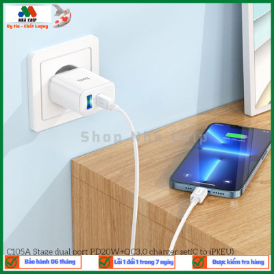 Bộ sạc nhanh kèm cáp Hoco C105A Stage dual port PD20W+QC3.0 phích cắm EU - Hàng chính hãng