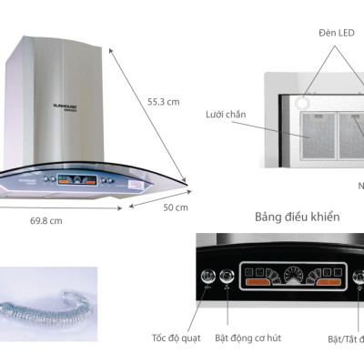 Máy Hút Mùi Kính Cong Sunhouse Mama MM6707-70 (180W) - Hàng chính hãng