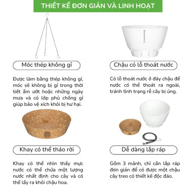Chậu treo tự tưới MONROVIA cho cây trong nhà và ngoài trời decor không gian sống, có móc treo sắc