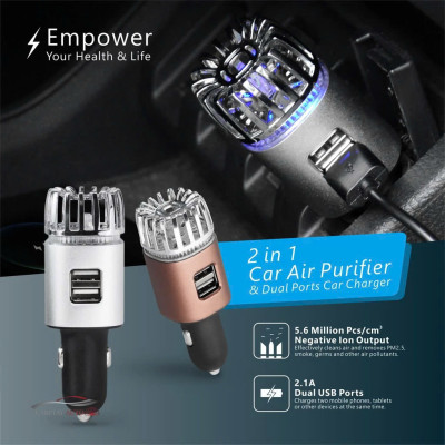 Máy Tạo Ion Âm Lọc Không Khí Cho Xe Ô Tô Tích Hợp Hai Cổng Sạc USB – Lọc Bụi, Khử Mùi Hôi Hiệu Quả