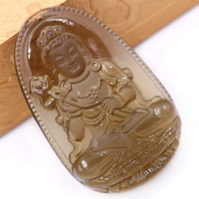 Mặt Phật Đại thế chí obsidian ( thạch anh khói ) 5 cm kèm vòng cổ dây cao su đen - mặt dây chuyền size lớn - size L, Mặt Phật bản mệnh