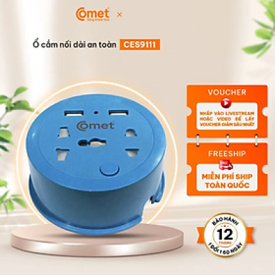 Ổ cắm điện du lịch Comet CES9111 MÀU XANH dây dài 1m, 2 ổ USB, 1 ổ 3 chấu, 1 ổ 2 chấu - Hàng chính hãng
