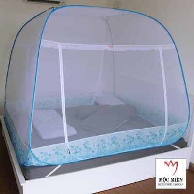 Màn Chụp , Mùng Chụp Cao Cấp Mộc Miên Đỉnh Rộng  - Mẫu Trắng Viền Xanh Hoa Lá ( Hà Nội )