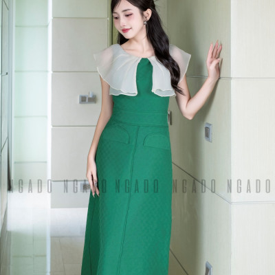 Đầm xanh phối voan kem NGADO , Đầm dự tiệc , Đầm dạo phố